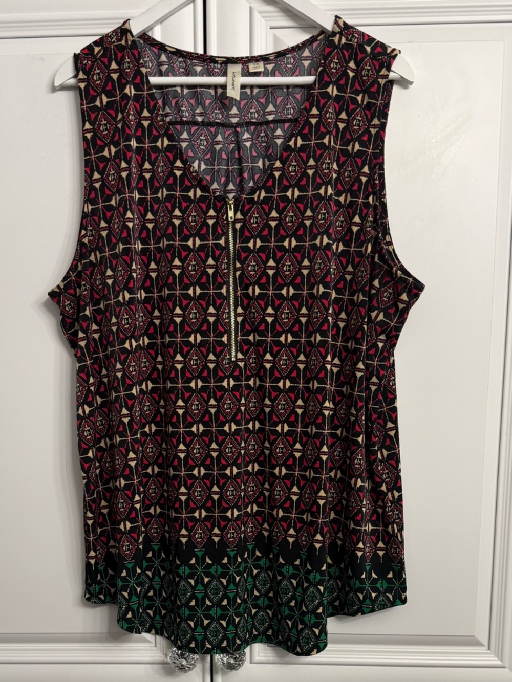 Tacera Plus Size 2X Sleeveless V-Neck 1/2 Zip Blouse Multicolour Geometric Print